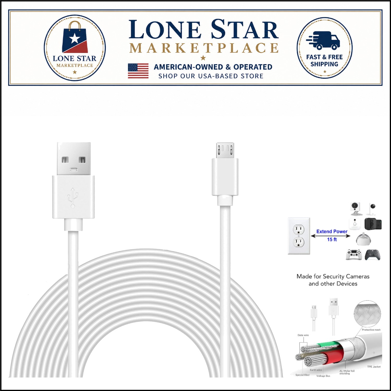 Versatile 15 Feet Micro USB Power Extension for Blink, Wyze Cam, and PlayStation