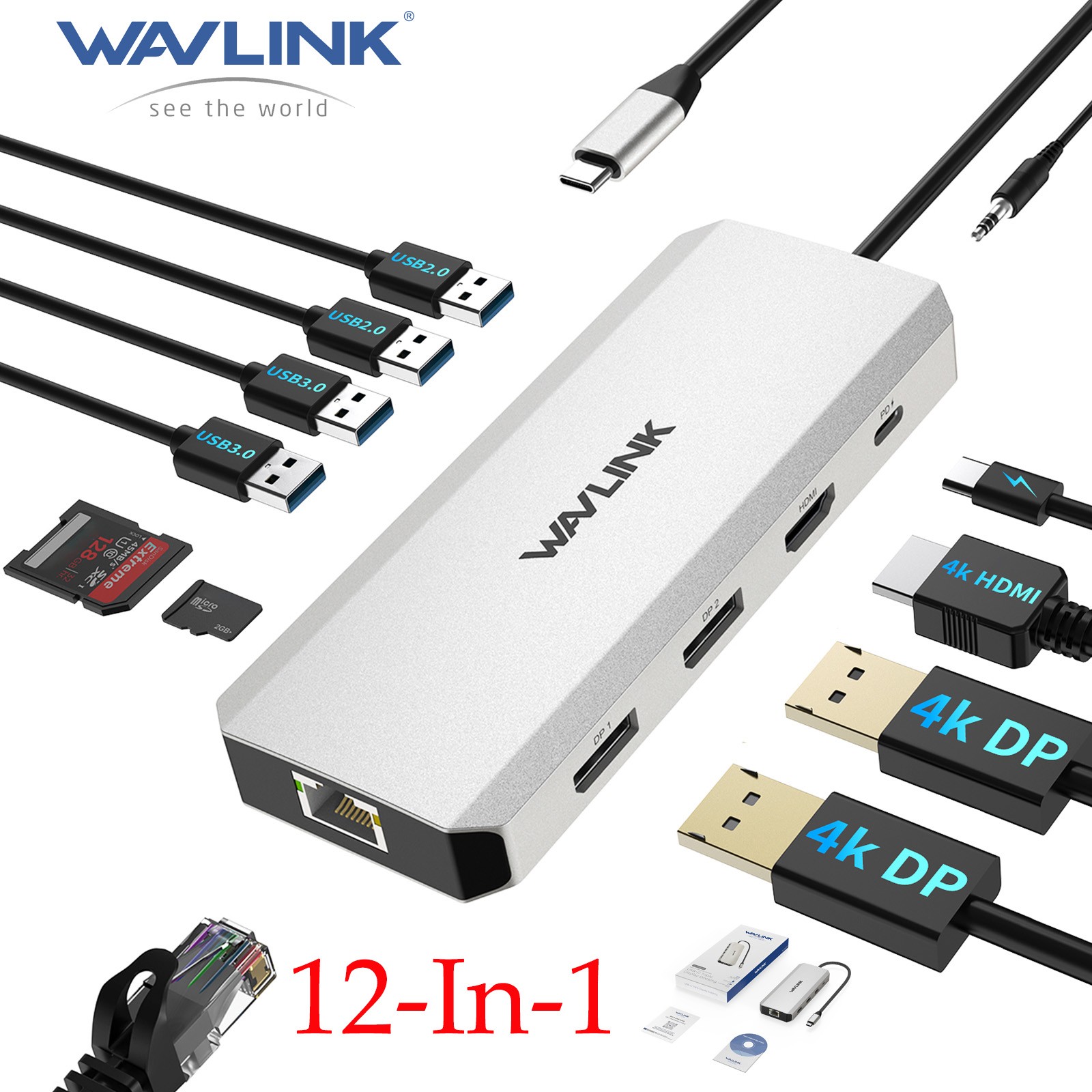 WAVLINK 12-in-1 Laptop Docking Station USB C Hub Triple Monitor 4K HDMI Dual DP