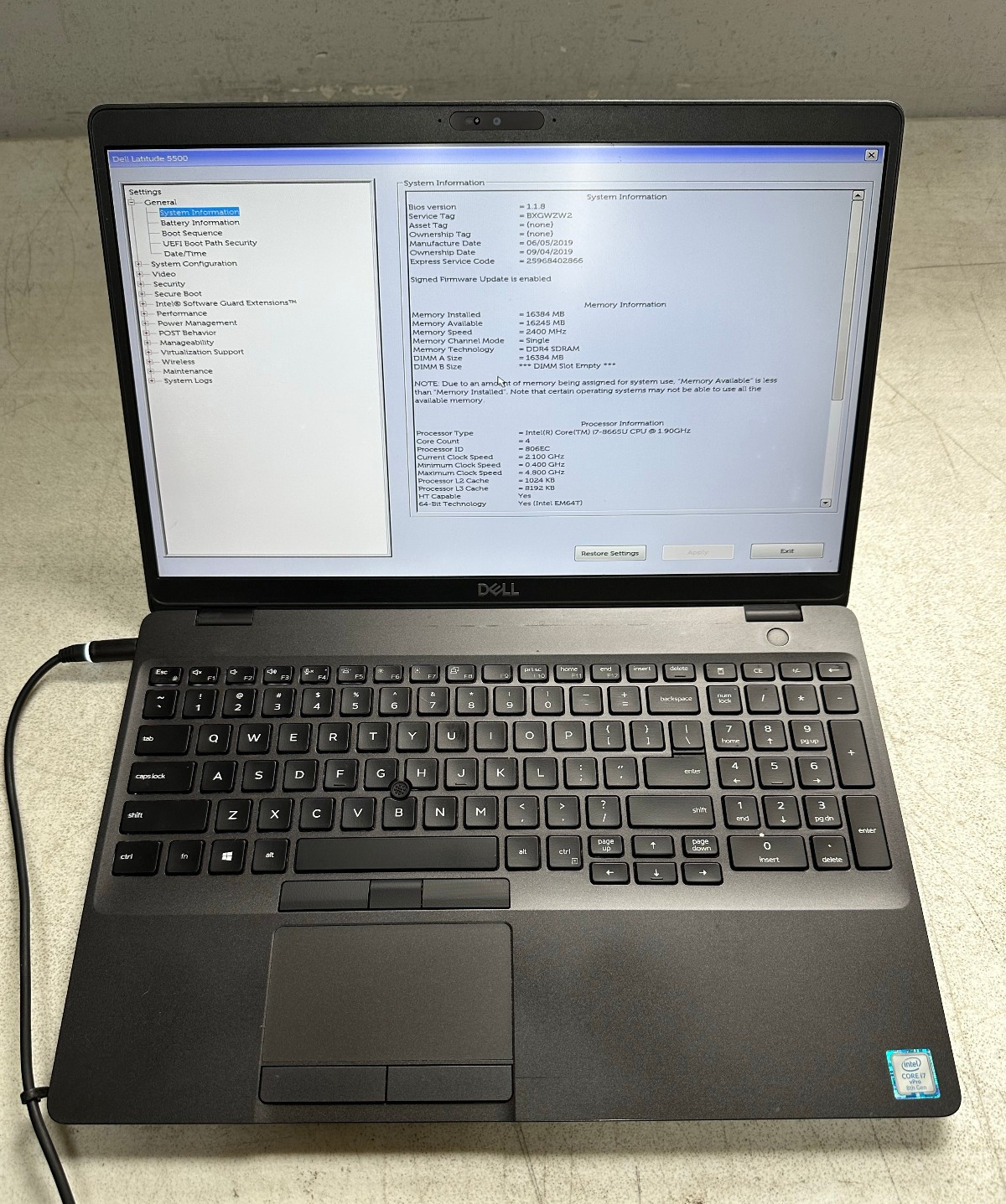 Dell Latitude 5500 15.6 FHD (i7-8665U @1.90, 16GB RAM, Boot To Bio)NO HD/ADAPTER