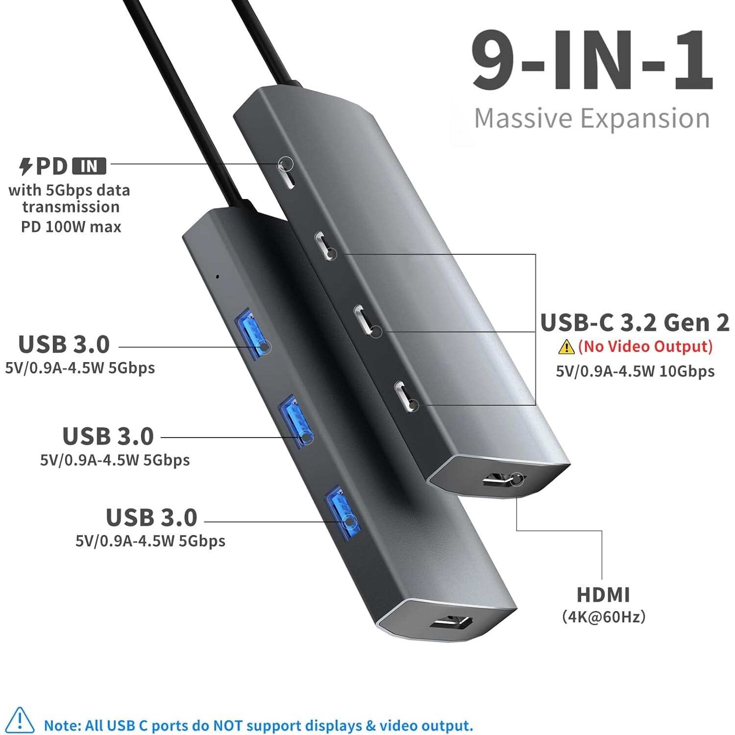 USB C Type C Hub to 3*USB 3.2, 4K@60Hz HDMI, 100W PD, USB 3.0, SD/TF Card Reader