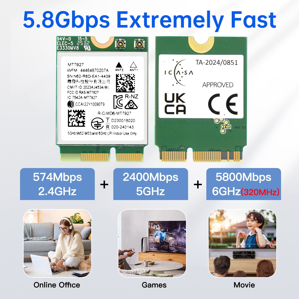 MT7927 Wi-Fi 7 Bluetooth 5.4 M.2 2230 Card 802.11be Tri-Band for PC Win11/Linux