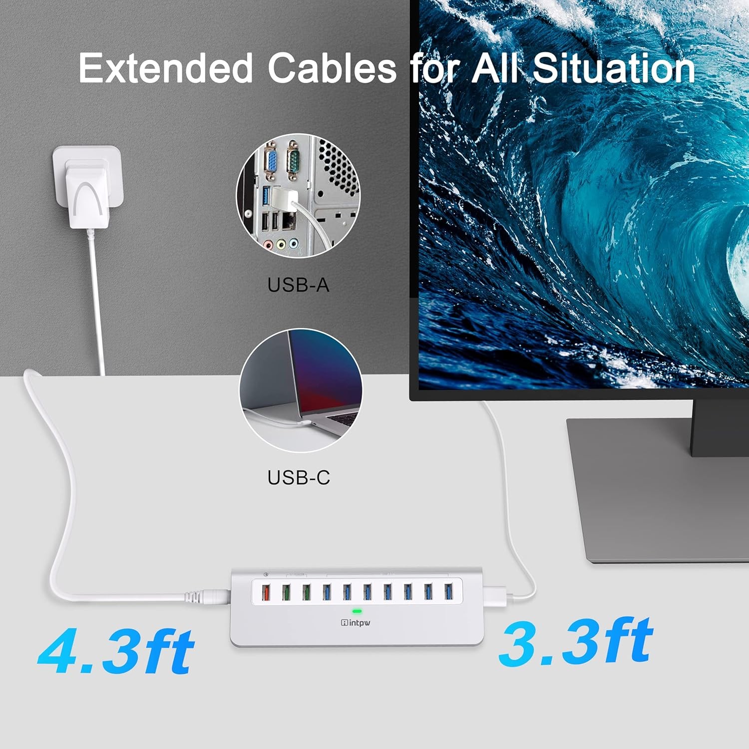 Powered USB Hub 10Gbps, 10 Port USB 3.1 Gen 2 Hub with 7 USB 3.1 Data Ports, 3 F