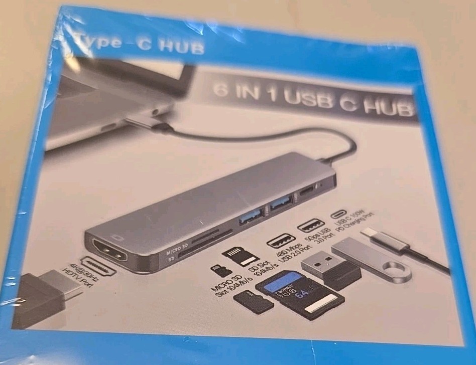 New Sealed – 6 in 1 Type C USB Hub – Type C, USB 3.0 4K HDMI, Card Slots -NEW!