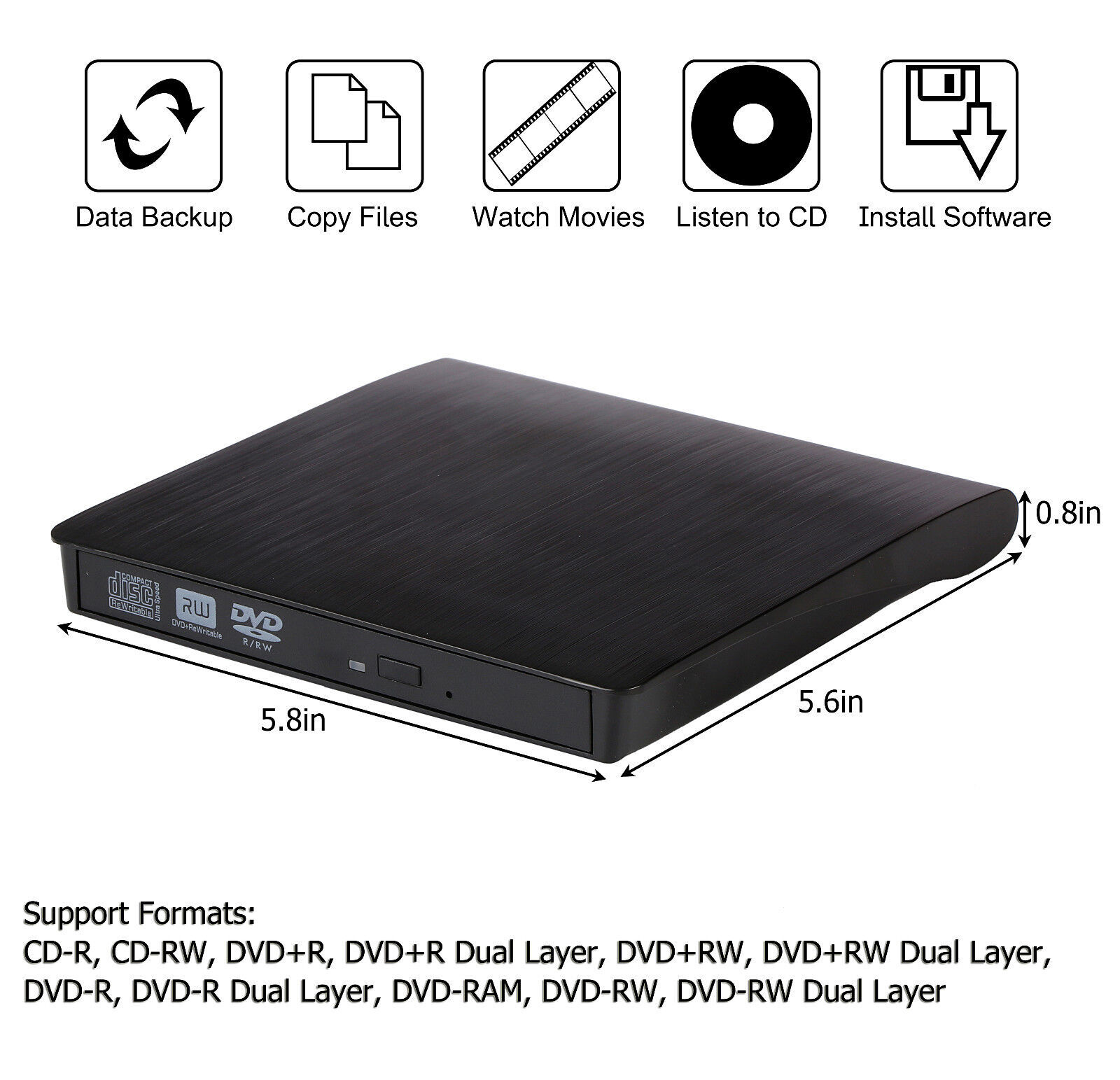 Slim External USB CD DVD ROM Writer Drive Burner Reader Player PC Laptop
