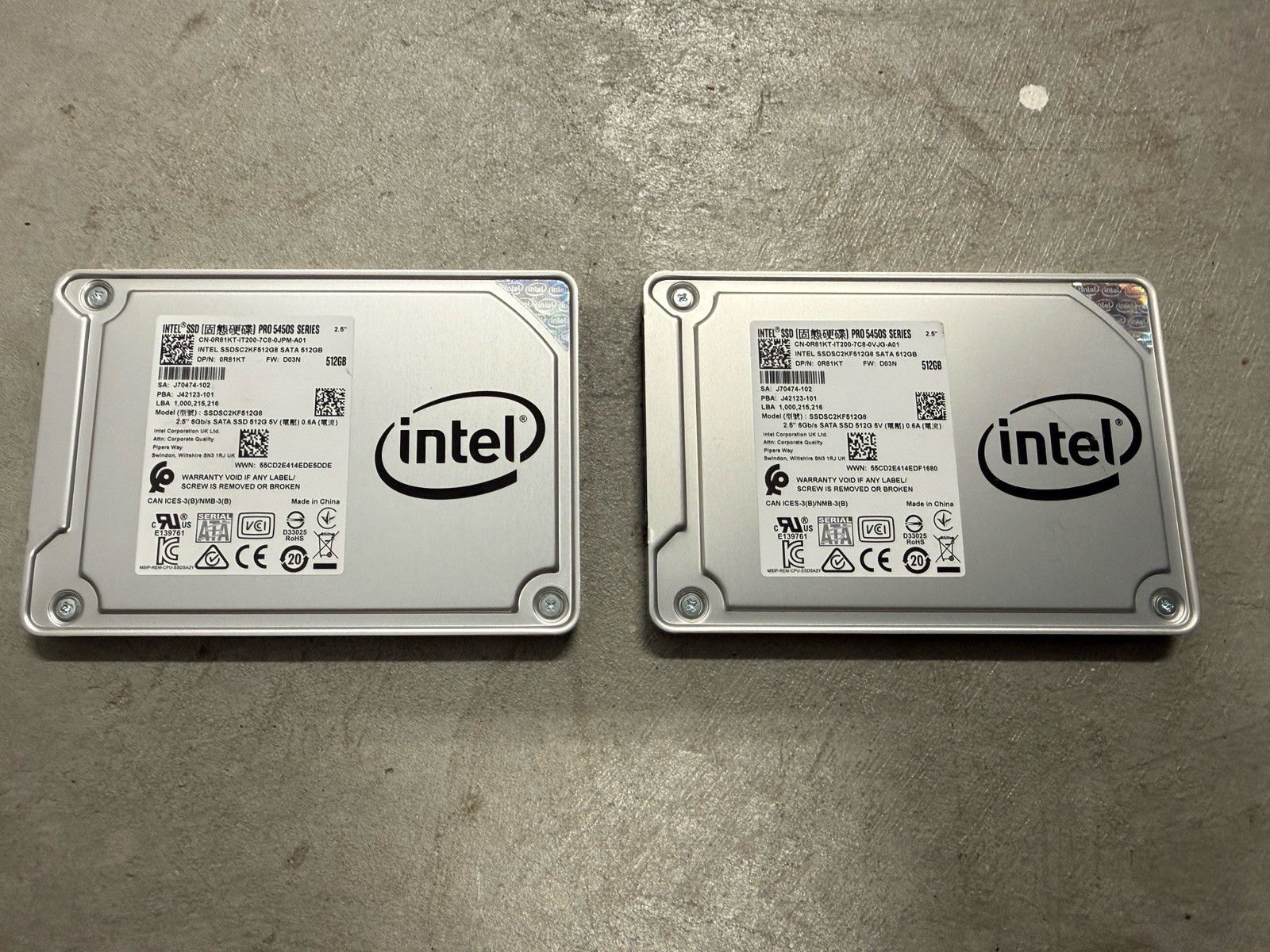 Lot of 2 Intel Pro 5450s 512GB 2.5″ SATA III SSDs – 1TB Total – Tested Working