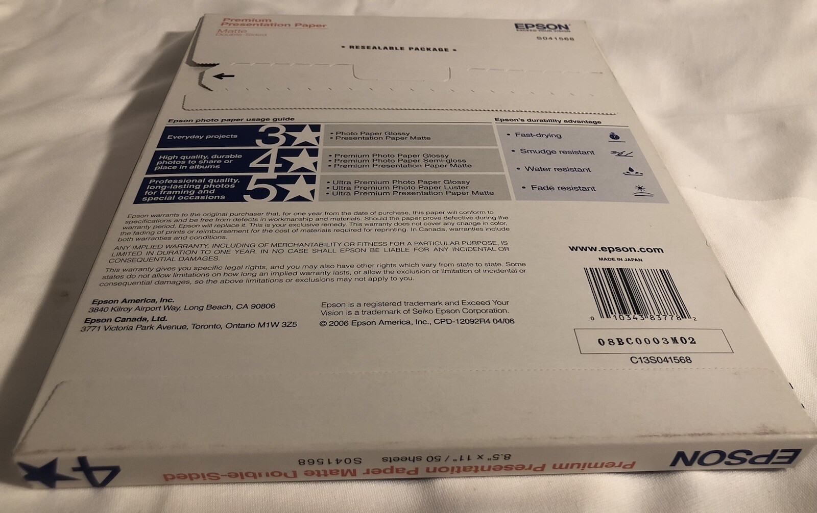 Epson Premium Presentation Paper Matte Double Sided 8.5″ x 11″ 50 Sheets S041568