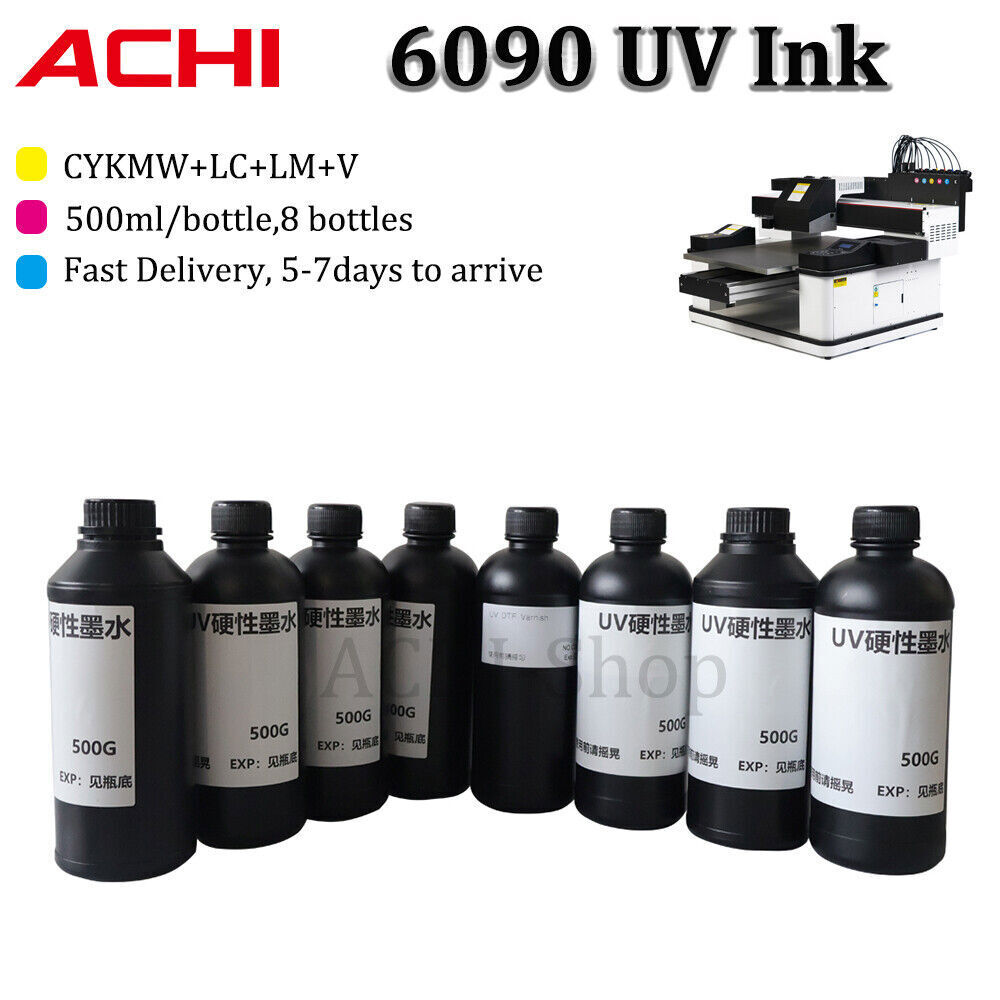 ACHI 8*500ML UV Ink CYMKW+Varnish+LC+LM UV Ink For 6090 XP600 TX800 UV Printer
