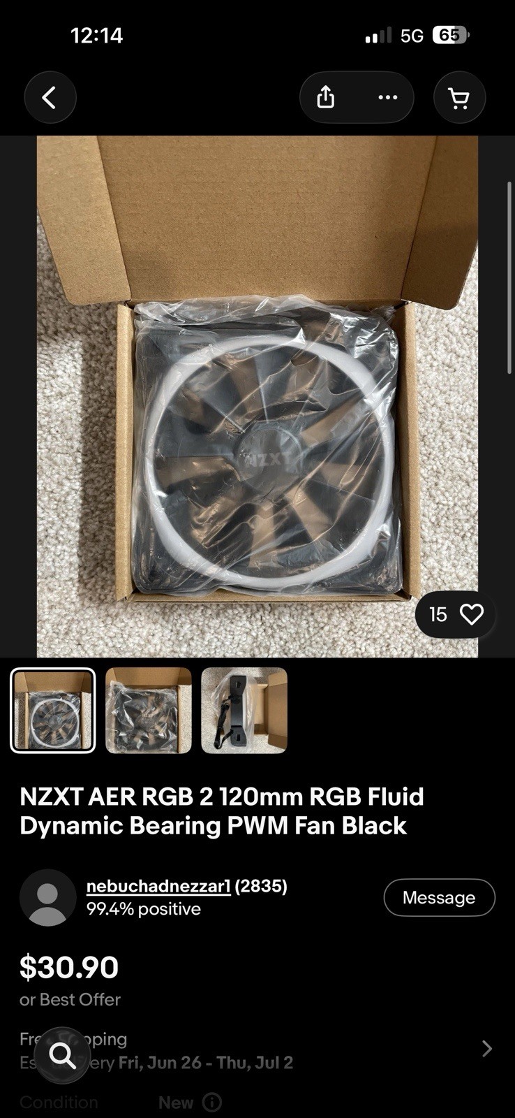 NZXT AER RGB 2 120mm Black RGB PWM Case Fan Fluid Bearing 1500RPM 52CFM