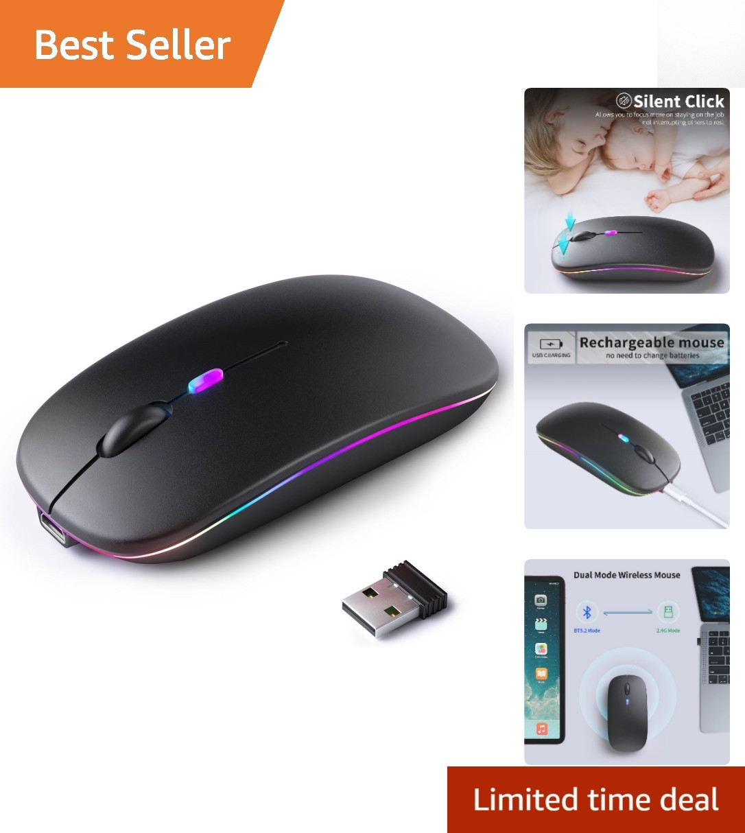 Bluetooth & USB Wireless Mouse – Rechargeable, Silent Click, Colorful LED Lights