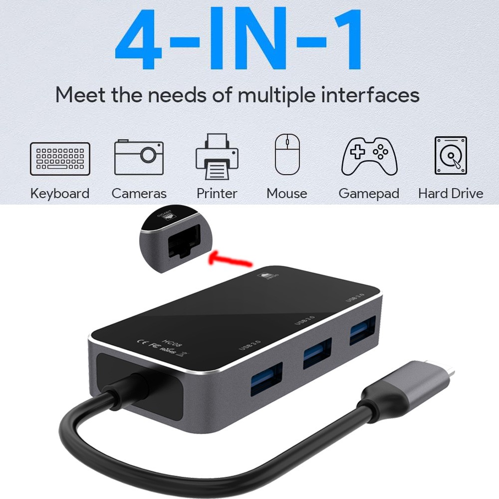 4-in-1 Hub Adapter, supporting Gigabit Ethernet and USB/USB-C interfaces