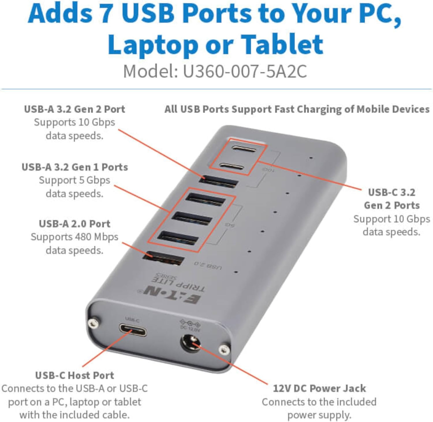 Eaton Series USB C Hub 3.2 Gen 2 with 5 USB-A and 2 USBC Ports, up to 10 Gbps D