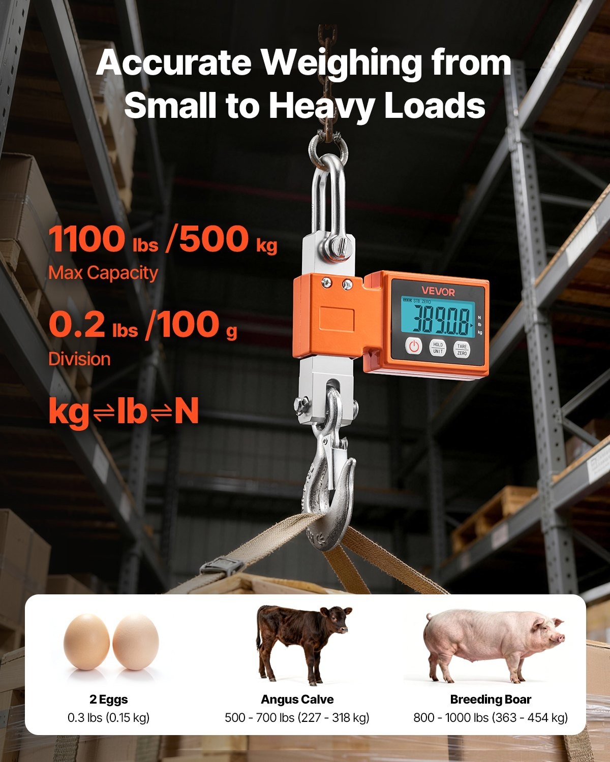 Digital Crane Scale, 1100 lbs/500 kg Max Capacity, Heavy Duty Industrial Hanging