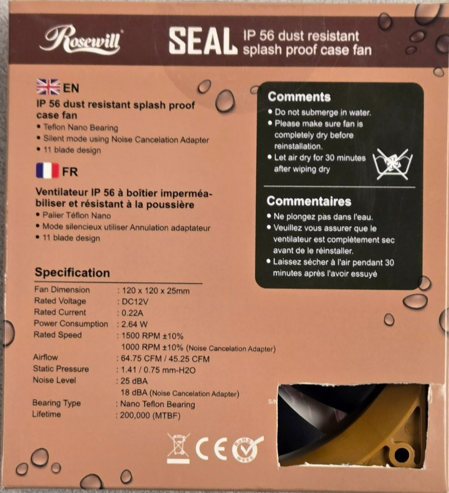 Rosewill SEAL IP56 Dust Resistant Splash Proof 120mm Fan RAWR-141209 Teflon Nano