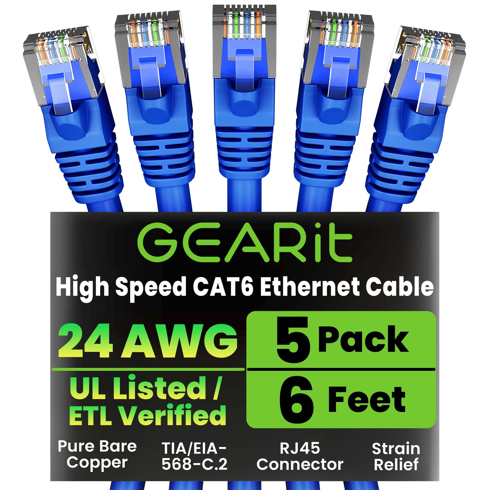 Blue 6 Ft 10 Gbps Snagless Gold Plated RJ45 Cat 6 Ethernet Patch Cable 5Pack