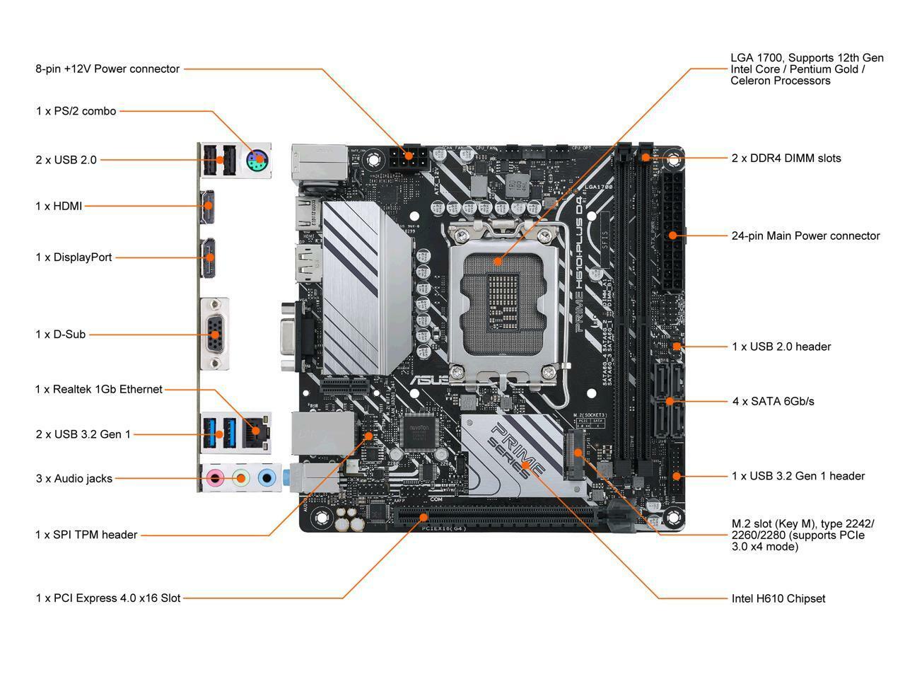 ASUS PRIME H610I-PLUS D4-CSM LGA 1700 Intel H610 SATA 6Gb/s Mini ITX Intel Mothe