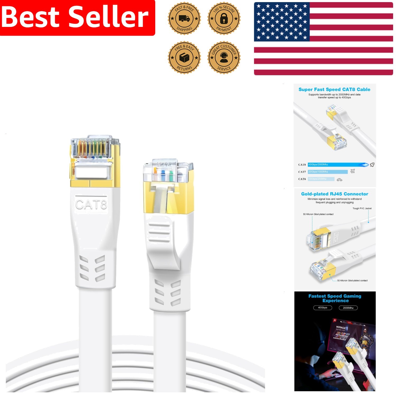 High Speed Cat 8 Flat Ethernet Cable 1.5ft White Network Cord RJ45 Gaming Modem