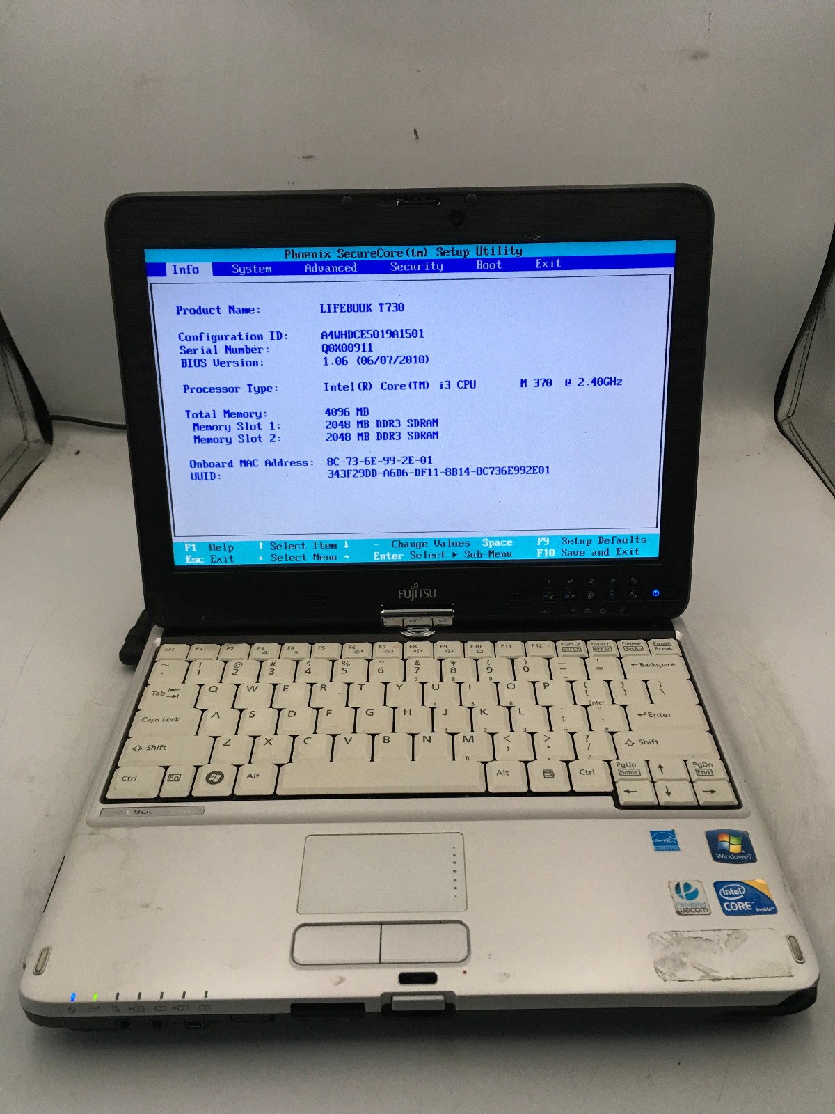 FUJITSU LIFEBOOK TSERIES T730 – BOOTS TO BIOS – INTEL I3 M370 – 4GB RAM -READ-BB