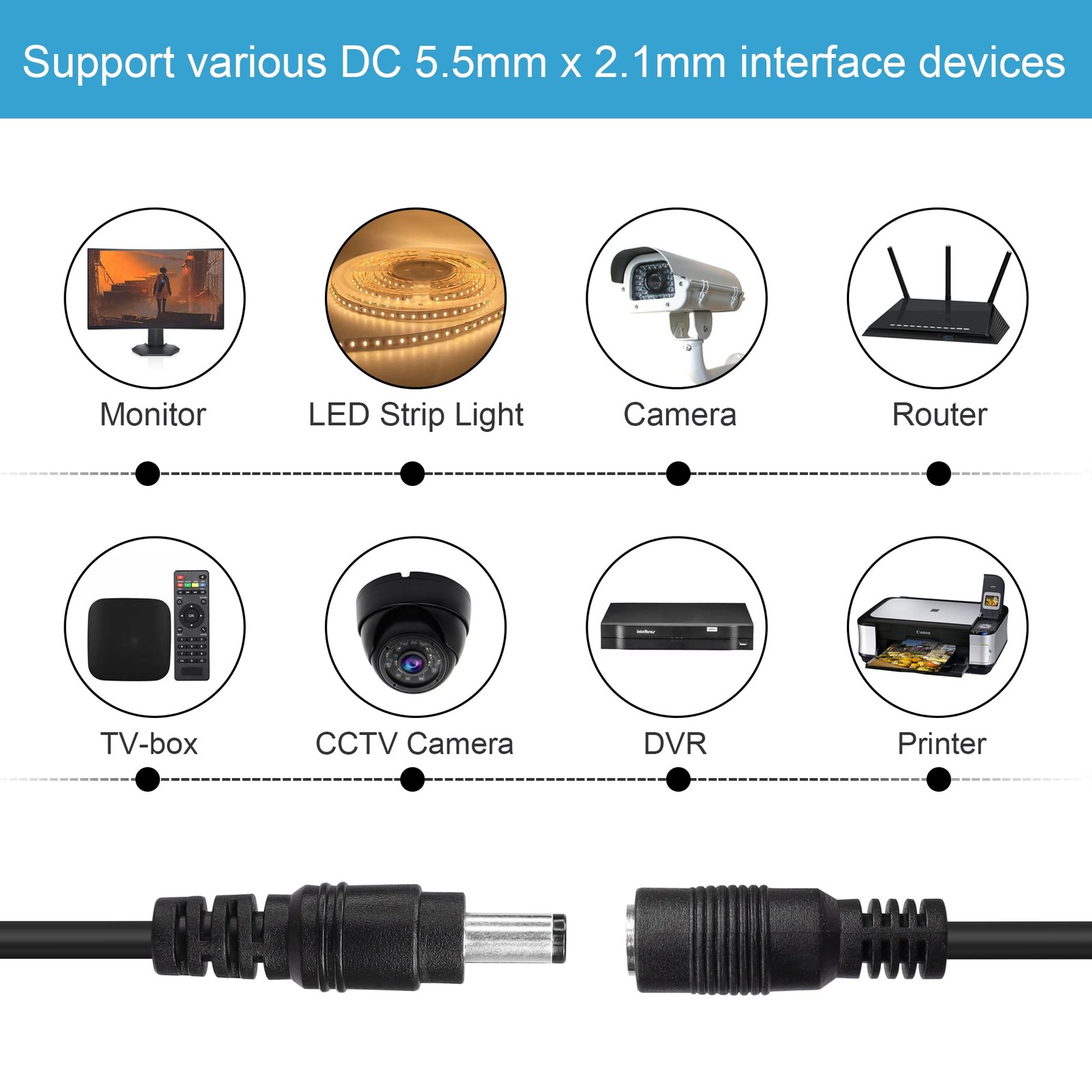 RIIEYOCA DC 5.5mm x 2.1mm Male to Female Plug Power Coiled Cable，DC 5.5 x 2.1…