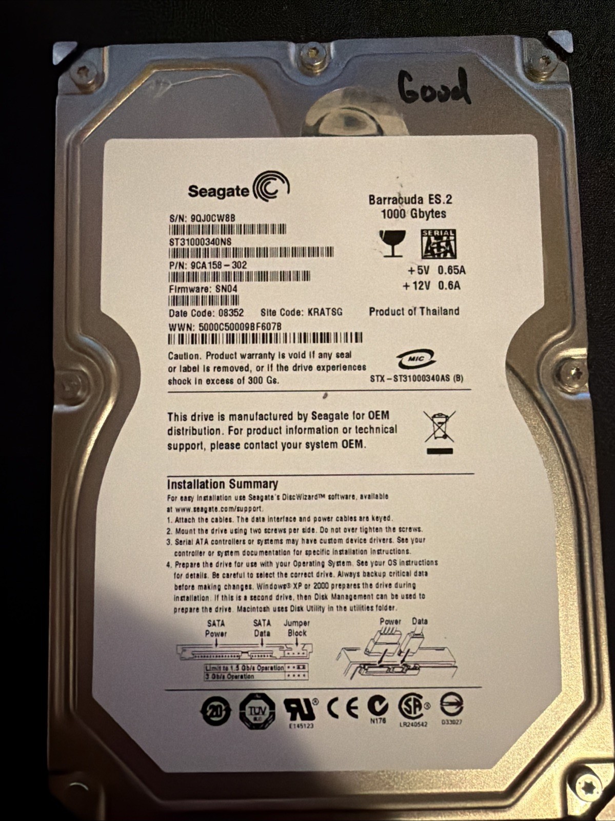 Seagate Barracuda ES.2 1000GB 7200RPM 32MB 3.5″ SATA HDD (ST31000340NS)