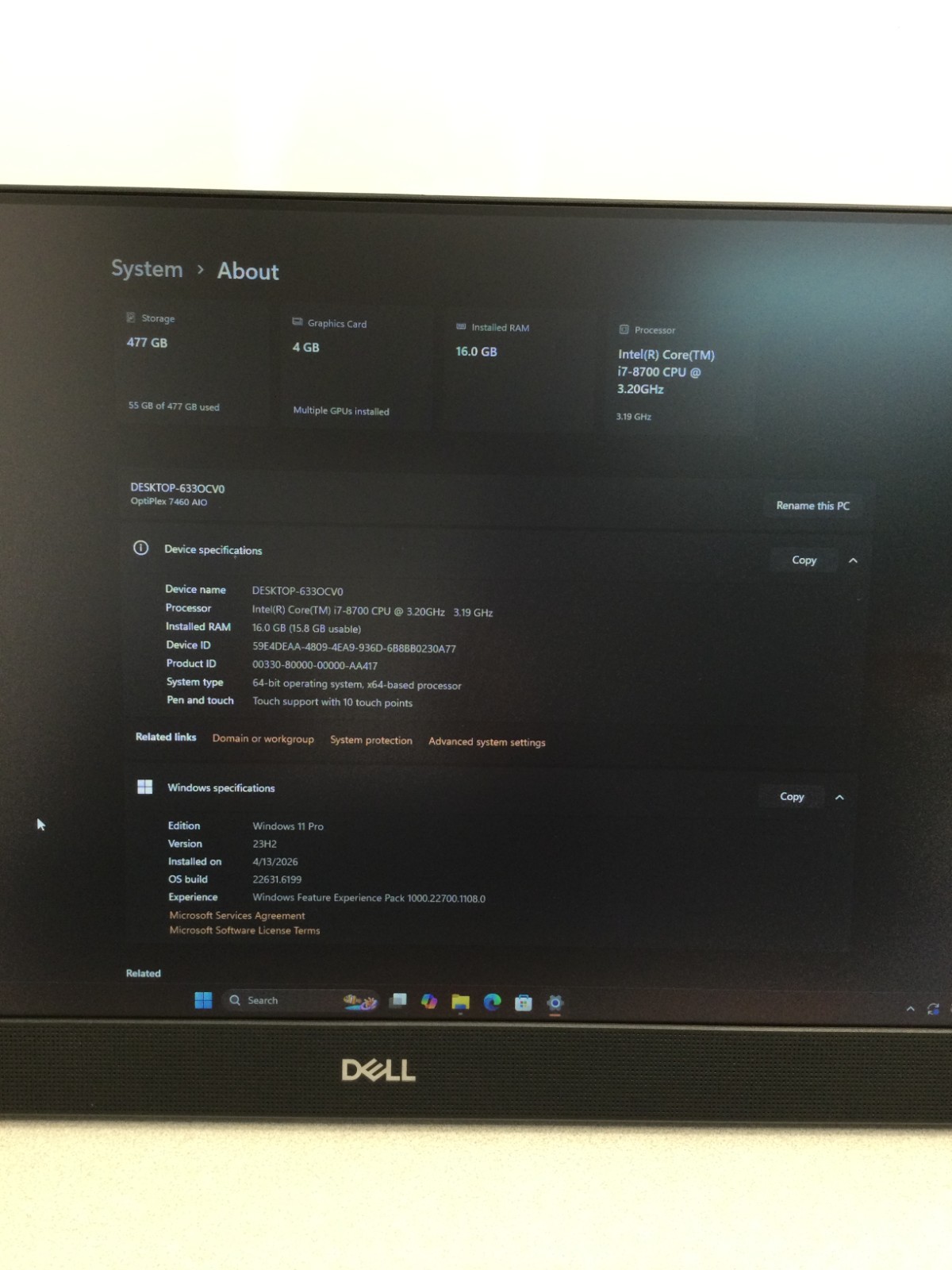 Dell OptiPlex 7460 AIO i7-8700@3.20GHz 16GB/512GB SSD Win11Pro No Stand 24”