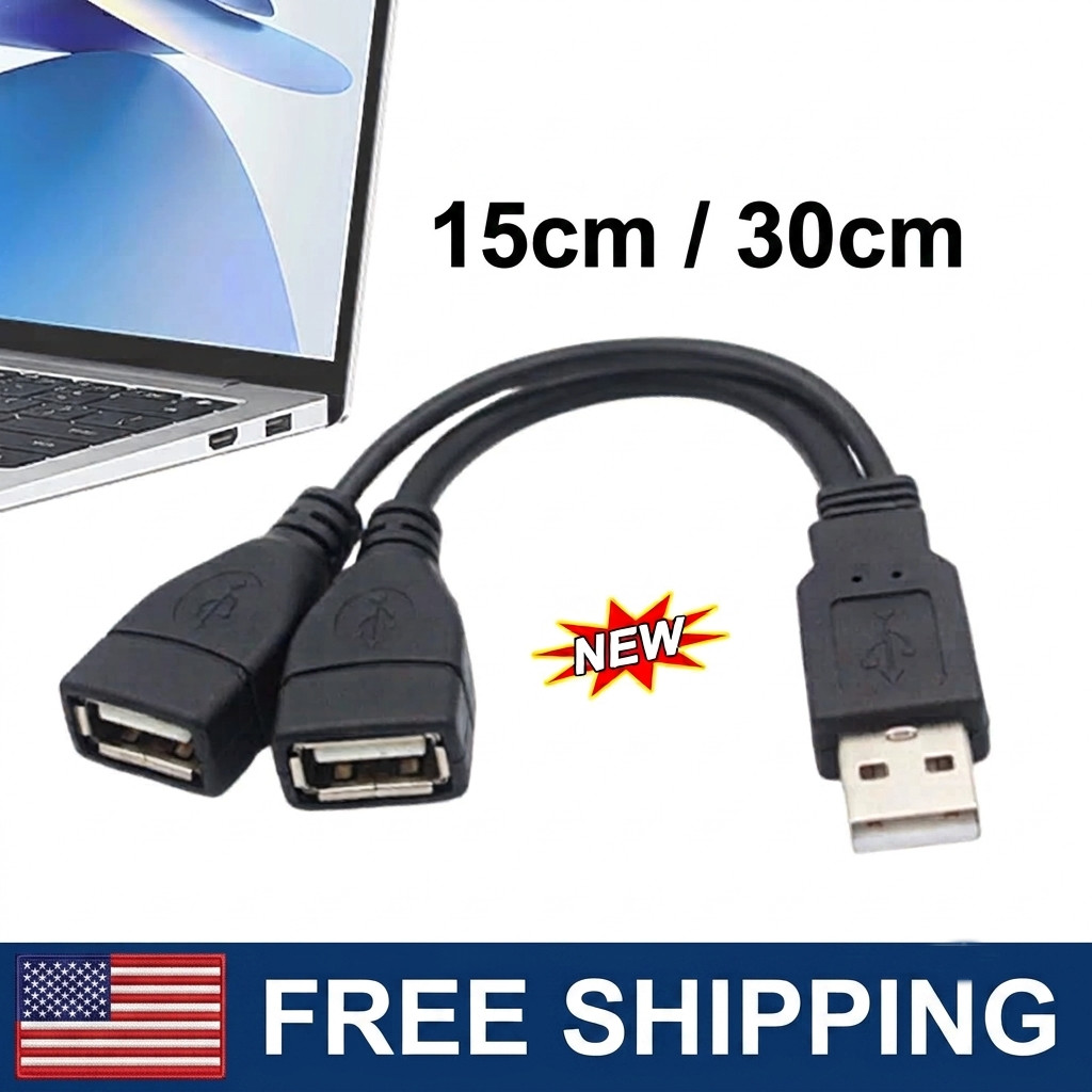 USB 2.0 A Male To 2 Dual USB Female Jack Y Splitter Hub Power Cord Adapter Cable