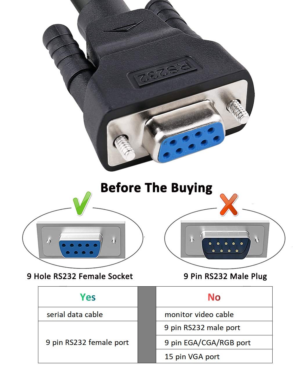 6ft 2m RS232 Serial Cable Female To Female 9 Pin Straight Through Black