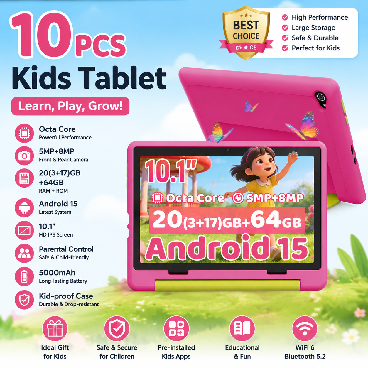 AEEZO Kids Tablet 10.1 inch Android 15, 20GB+64GB ROM, Dual Camera 5MP+8MP,10 pc