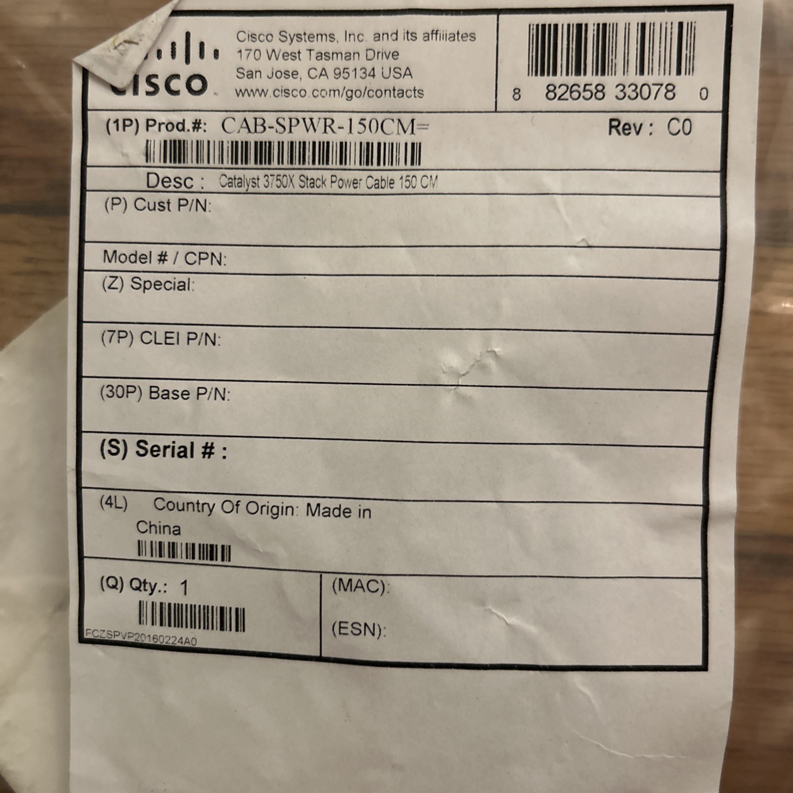 Cisco CAB-SPWR 150cm Power Cable – Catalyst 3750X Stack – New