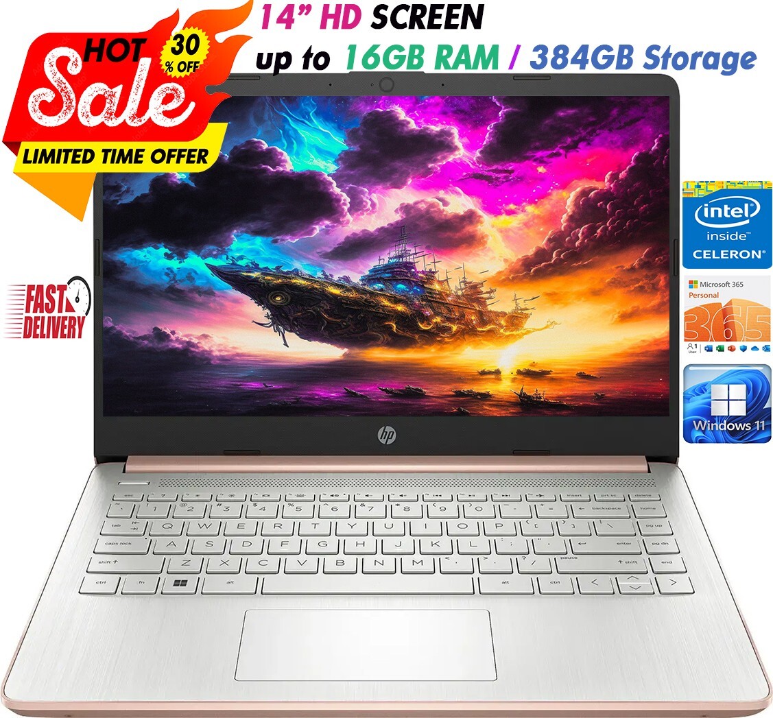 HP 2024 Newest Laptop 14″HD Intel 4-Core Up to 16GB RAM&384GB Storage Rose Gold