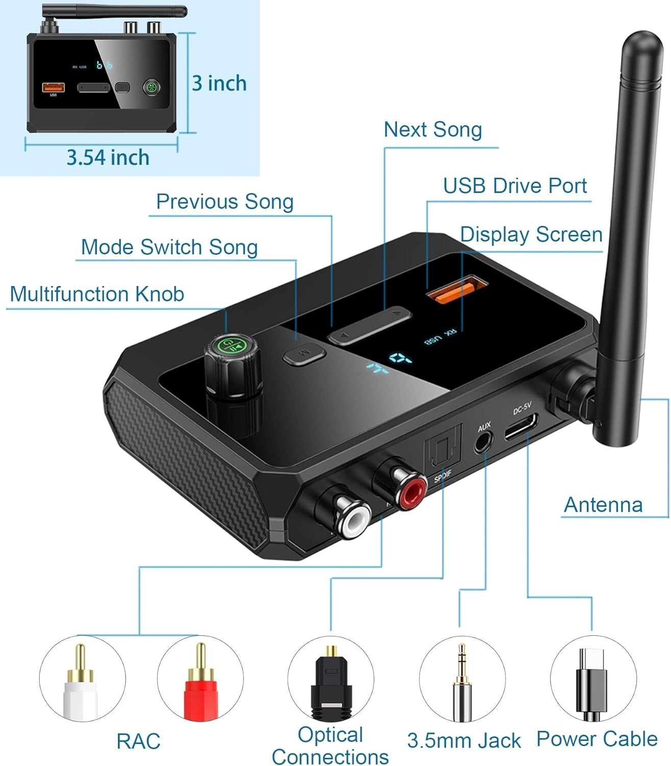 Bluetooth 5.3 Home Stereo Audio Receiver AUX USB Optical HD Music to RCA Adapter