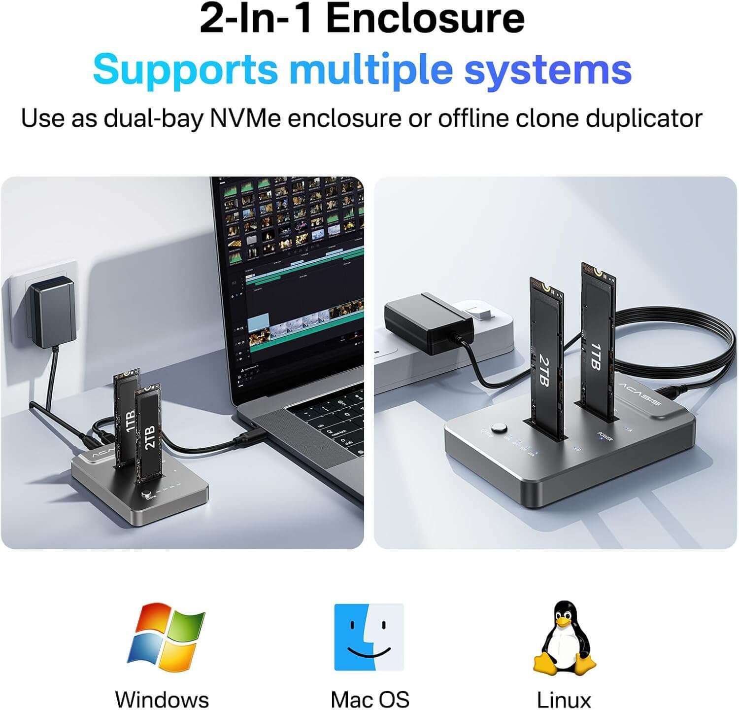 ACASIS USB3.2 Gen2 2×2 20Gbps NVMe M.2 Drive Duplicator Offline Clone Dock