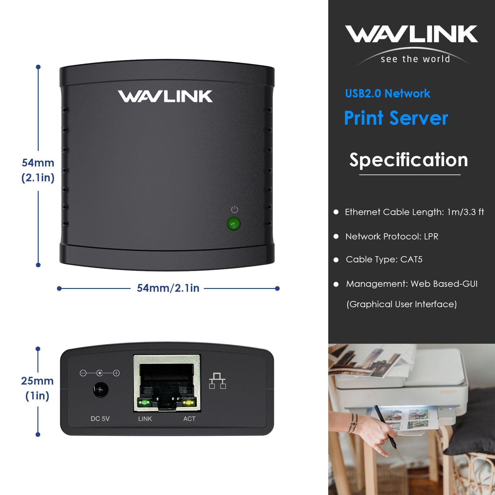 USB Wireless Print Server 10/100Mbps Ethernet to USB 2.0 Network Print Server