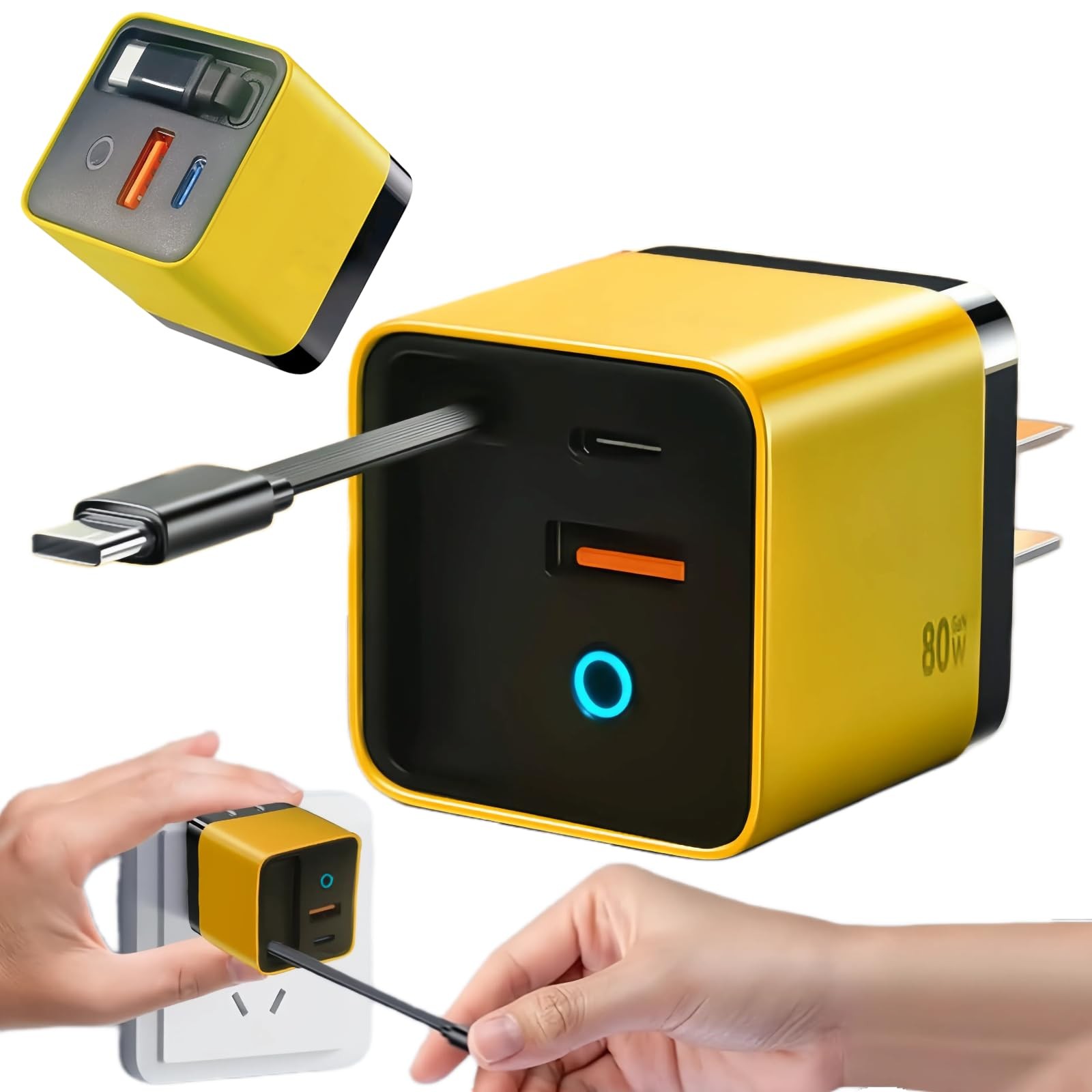 3 in 1 GaN Charger,80w Fast Charger Adapter with Type-C Cable & 2 USB yellow