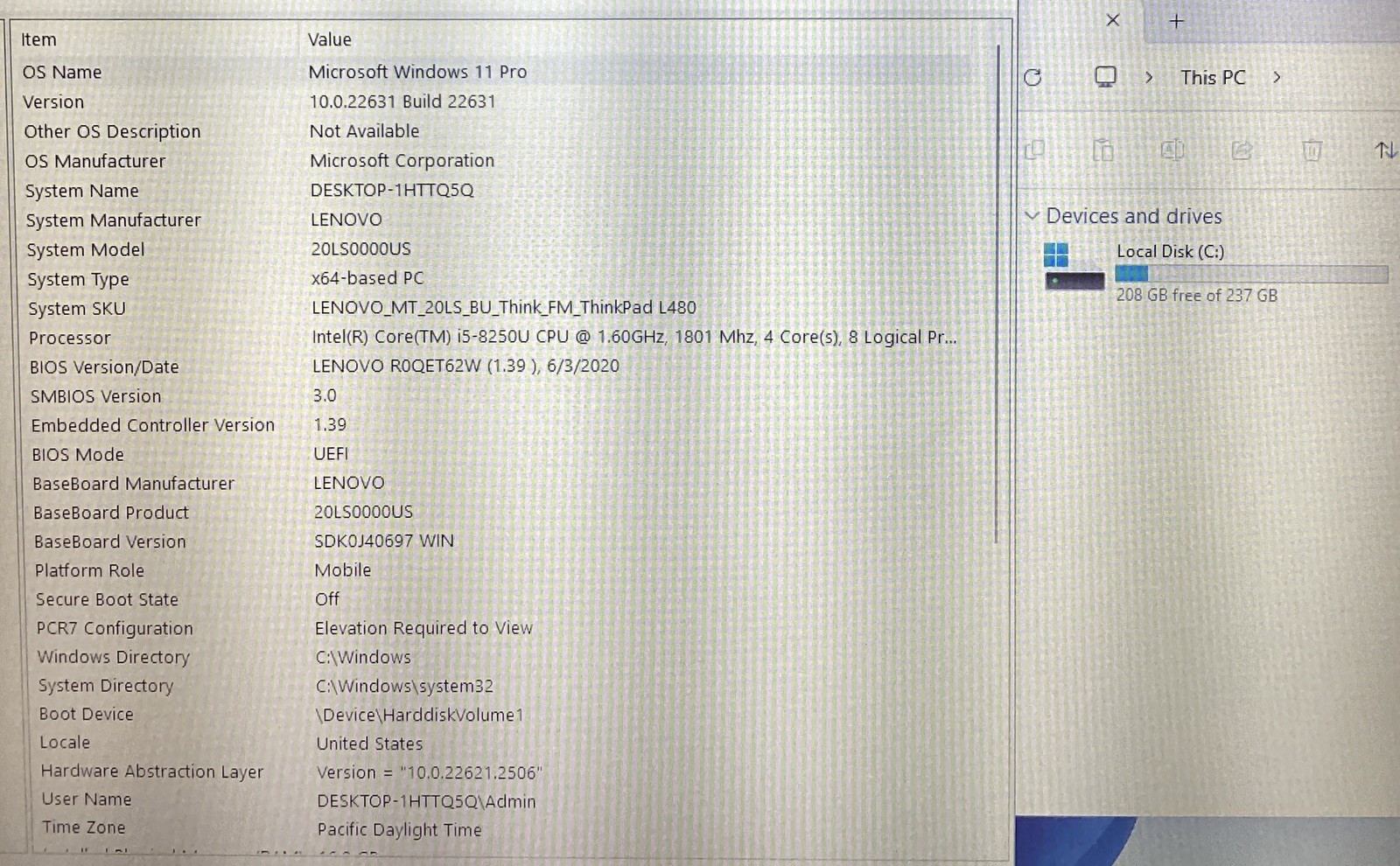 Lenovo ThinkPad L480 Intel i5-8250U @ 1.60GHz 16GB RAM 256GB HDD