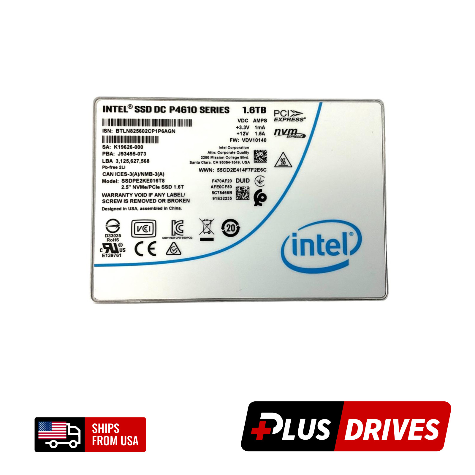 1.6TB NVMe Intel U.2 2.5″ Enterprise DC P4610 PCle Gen3 620K IOPS 3D TLC SSD