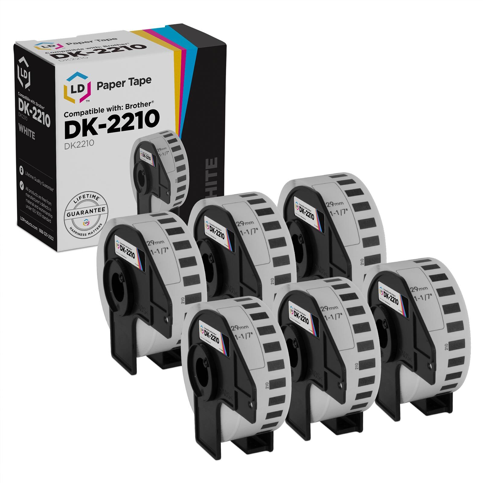 LD Compatible Brother DK-2210 6 Rolls of White Label Tape / 1.1 in x 100 ft
