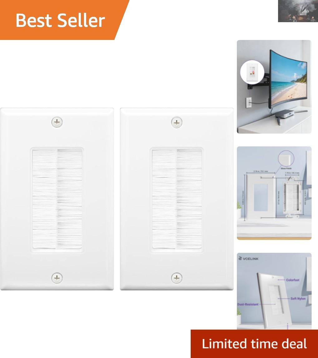 Durable White Brush Wall Plate for Low Voltage Cables – 2-Pack, Polished Finish