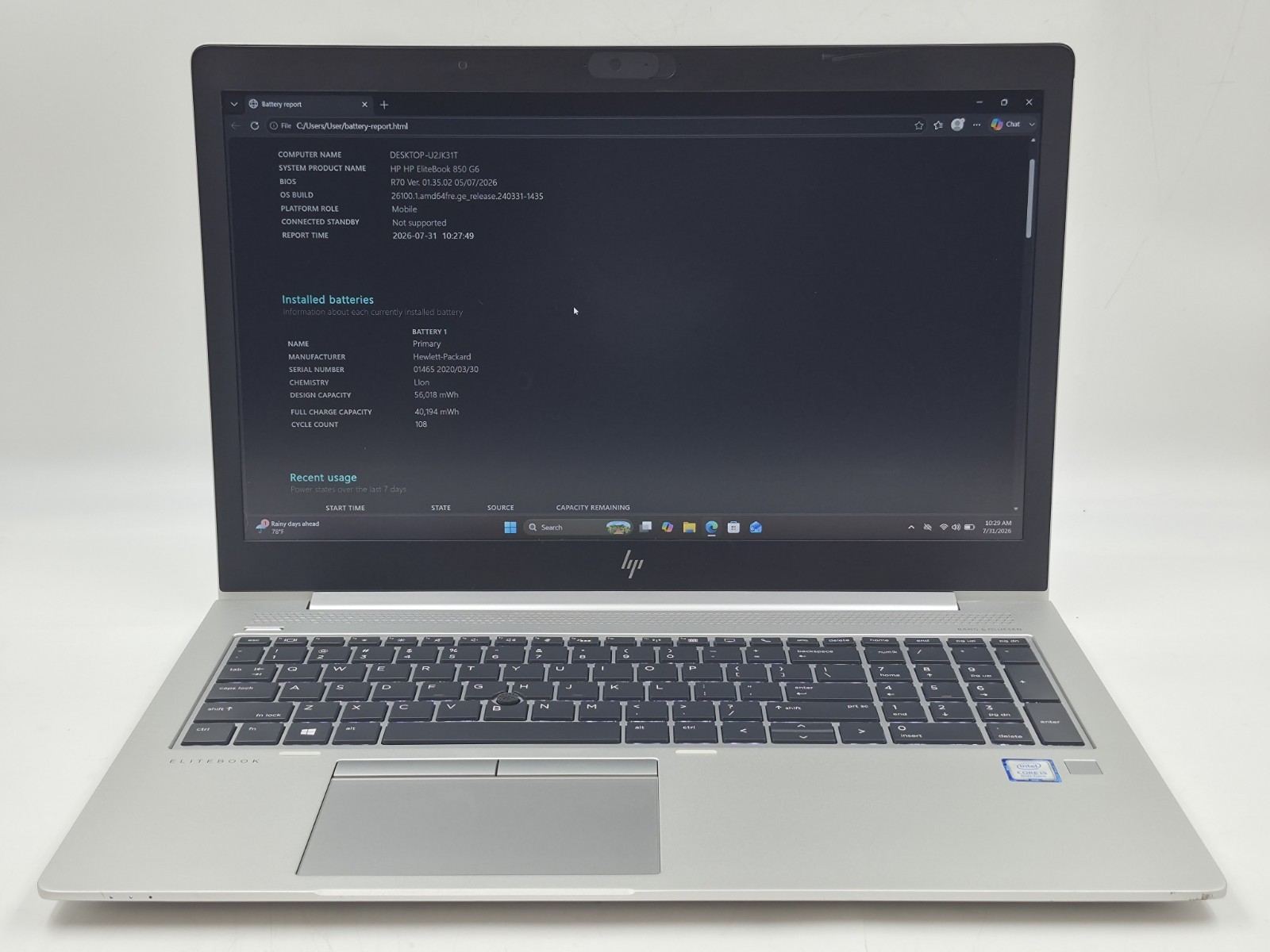 HP ELITEBOOK 850 G6 LAPTOP I5 8265U 1.60GHz 16GB RAM 256GB NVMe W11P