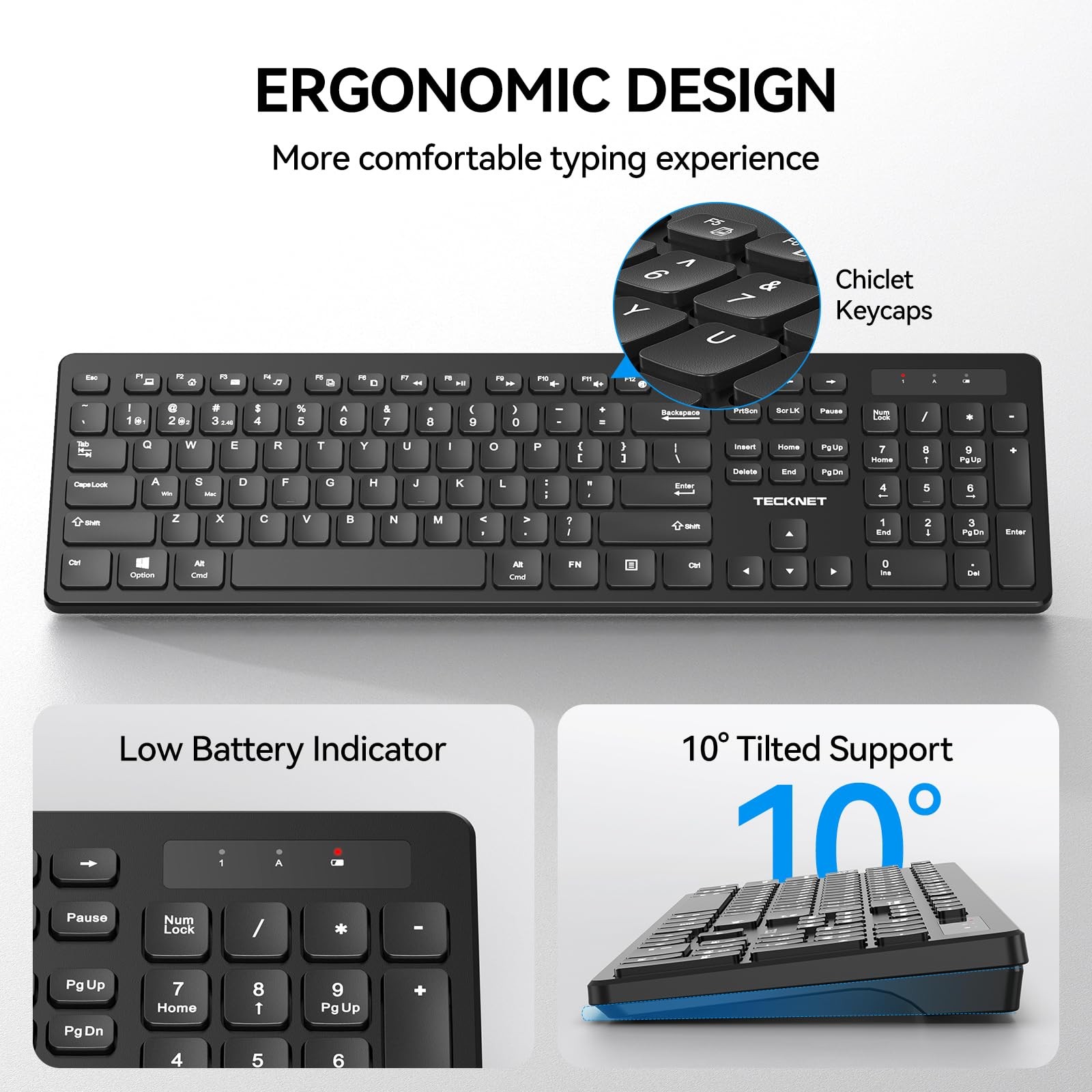 Wireless Keyboard 2.4G Bluetooth Multi Device Full Size For Win Mac PC Black