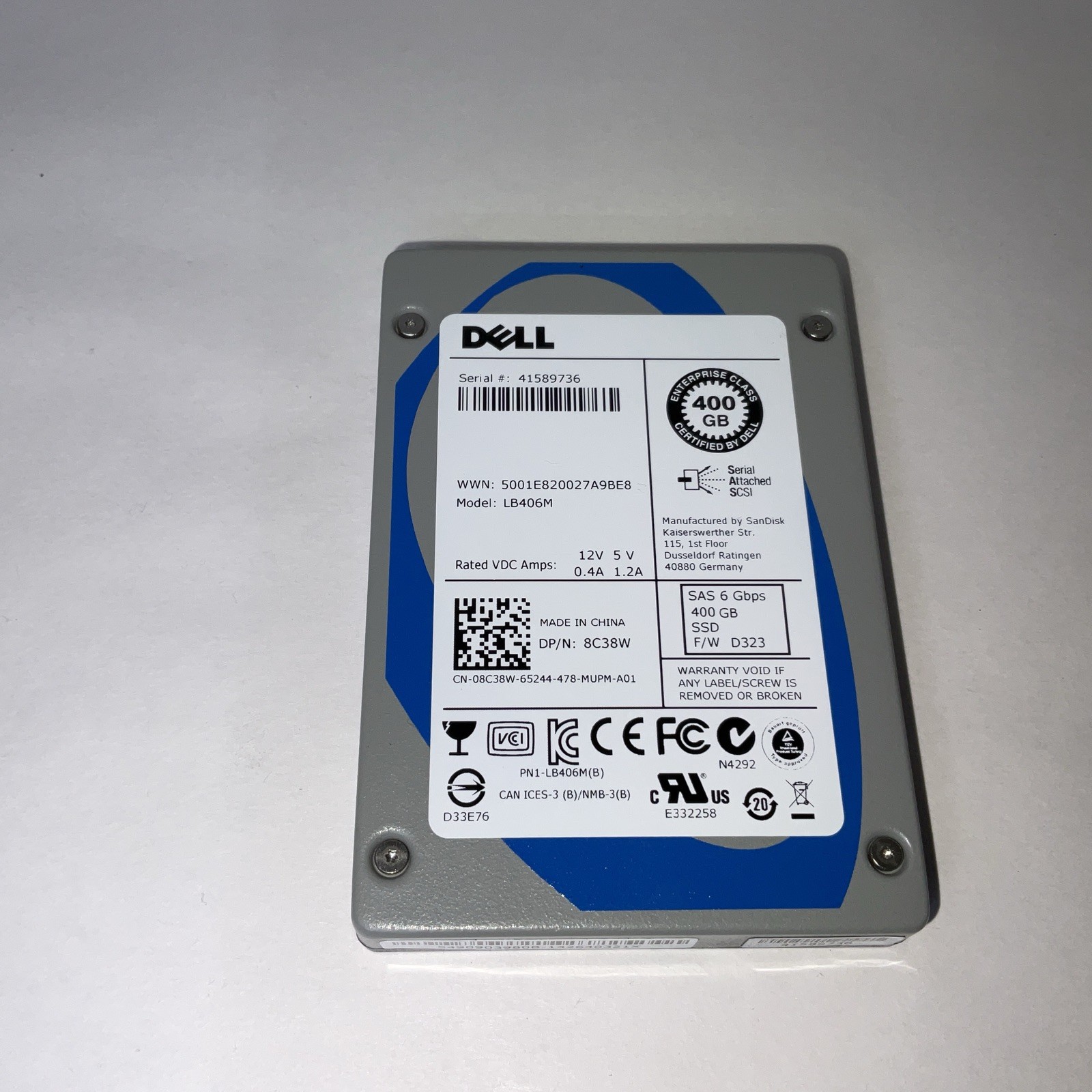 Dell 8C38W 400GB SSD SAS 2.5″ 6G MU Mixed Use SanDisk LB406M SSD 100% Health