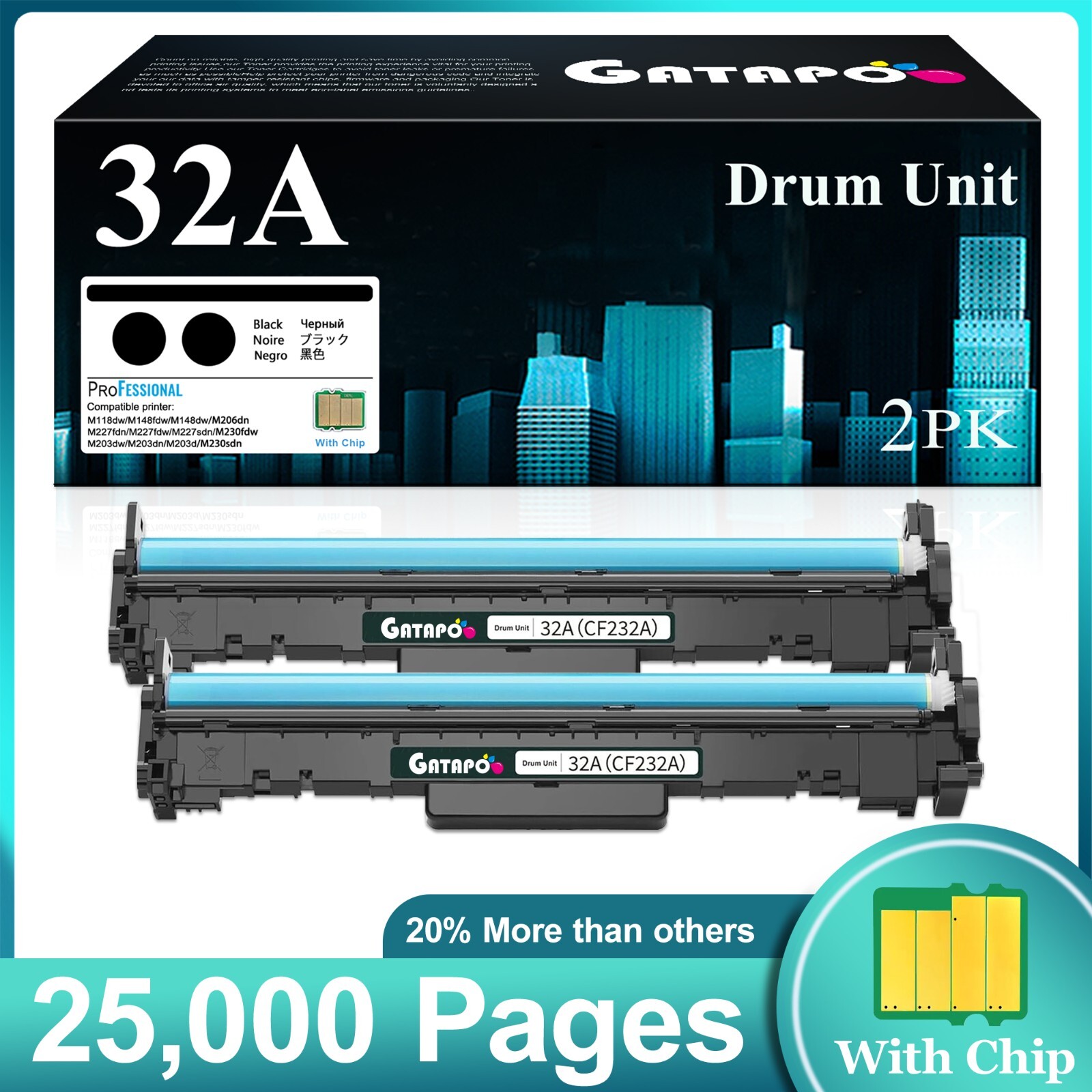 GATAPO® 32A CF232A Extra High-Yield Drum for HP M203dn M227fdw Printers (2-Pack)