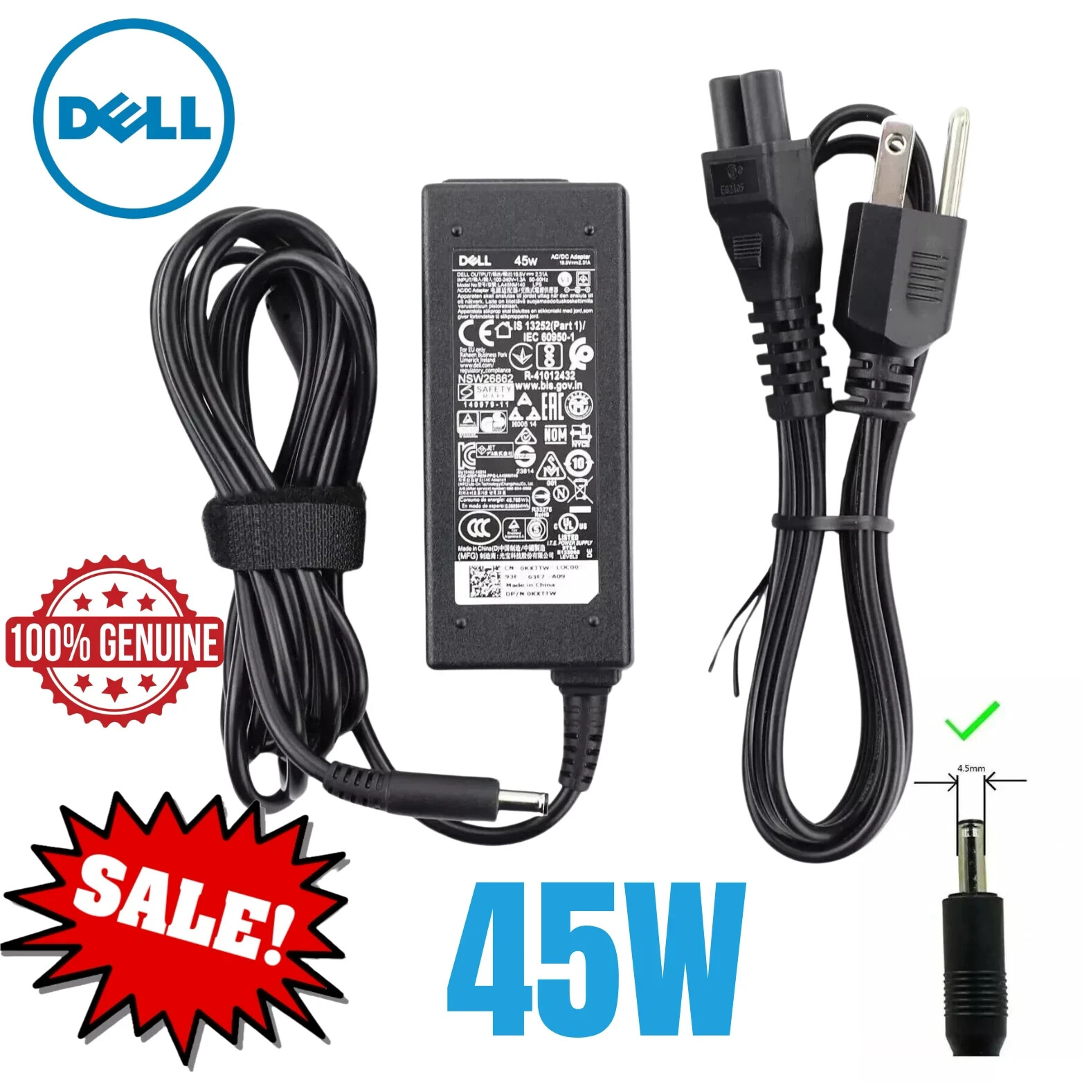 OEM GENUINE Dell 45W 4.5mm Barrel AC Adapter Laptop Charger Power Supply