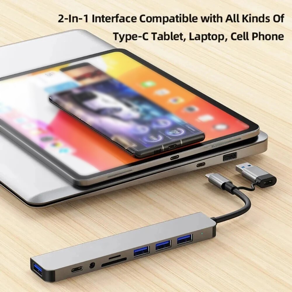 8 in 1 USB C/USB Hub Universal Laptop Docking Station USB Dongle USB3.0 USB2.0