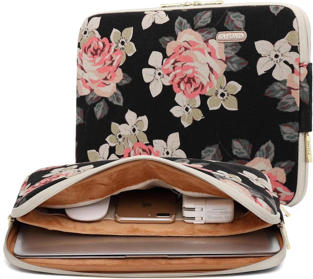 Black Rose Patten Canvas Water-Resistant 17 Inch Laptop Sleeve for Protection