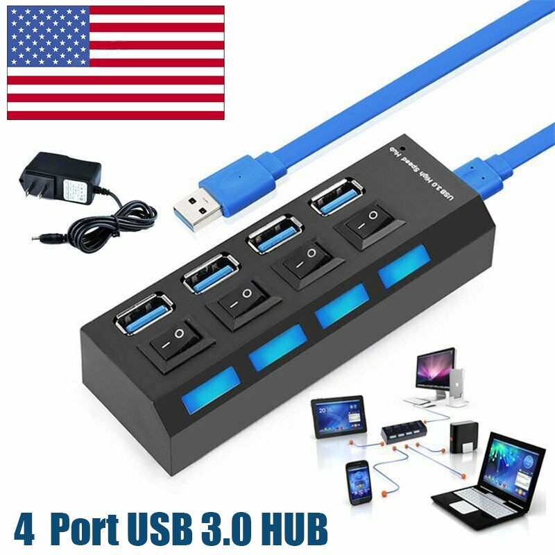 4/7 Port USB 3.0 High Speed HUB Splitter Box With ON/OFF Switch AC Power Adapter