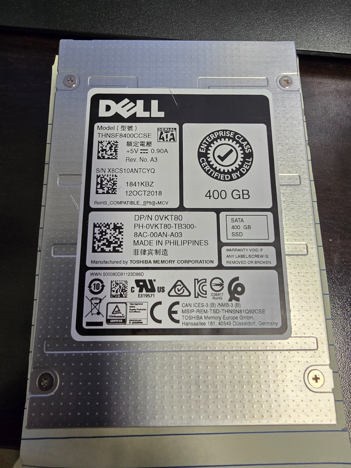 Toshiba Dell 400GB 6Gb/s SATA 2.5″ Enterprise SSD THNSF8400CCSE Health: Good