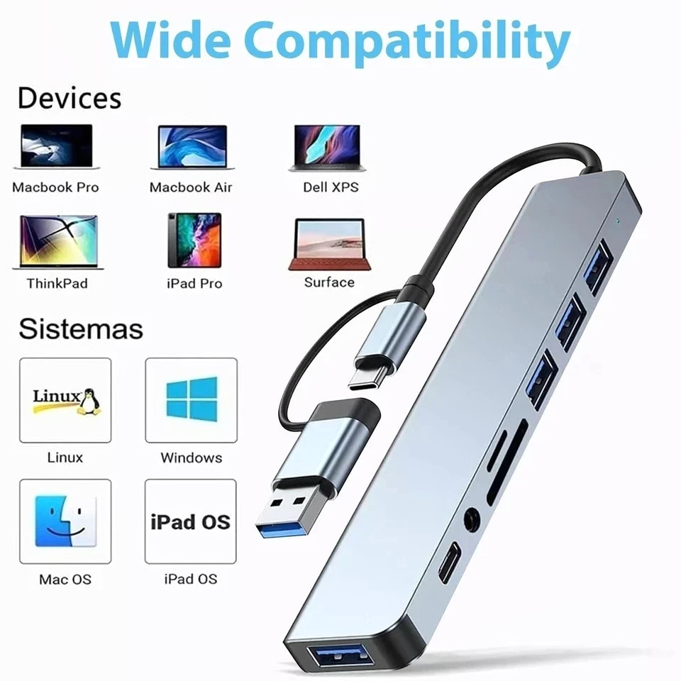 8 in 1 USB-C Hub Type C To USB 3.0 4K HDMI PD Adapter For iPhone Macbook Pro/Air