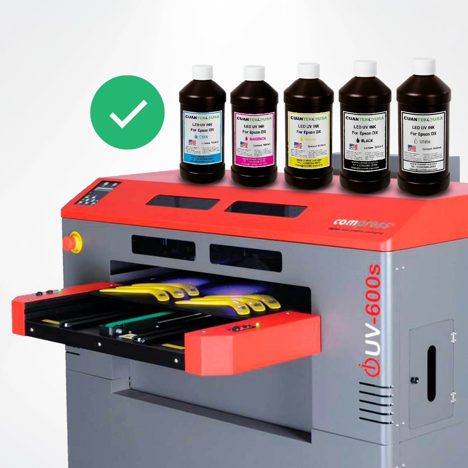 UV LED Inks 5 x 500ml CMYKW for Epson i3200 DX5 DX7 XP600 L800 DTF – MADE IN USA