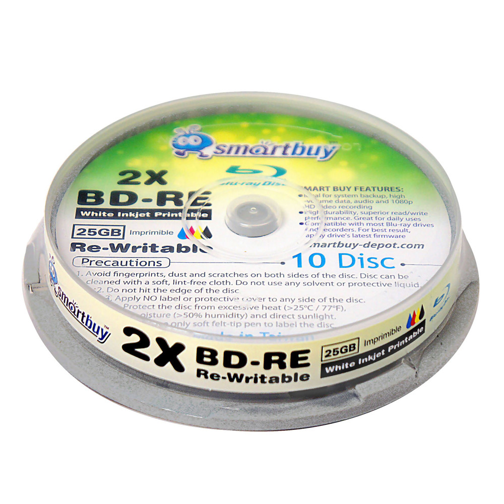 10 Smartbuy 2x 25GB Blu-ray BD-RE Rewritable White Inkjet Hub Printable Disc