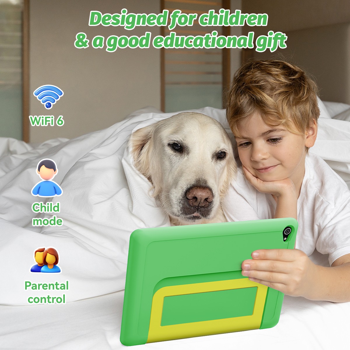 Kids Tablet 10″,Android 15 Tablet for Kids,Octa Core 20GB+64GB Shockproof Green